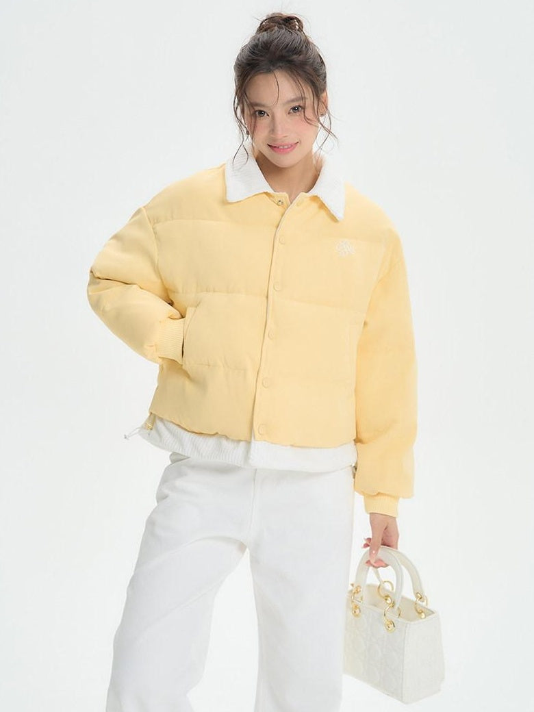 ikyou Thick Embroidered Patchwork Minimal Straight Crop Polo Yellow Puffer Jackets
