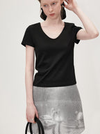 fano Cotton Tencel V-neck Straight Fit Women Black White Short Sleeve T-Shirts