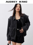 audreyyang Cotton Loose Commuter Lapel Zipper Long Sleeve Women Ash Gray Cropped Jackets