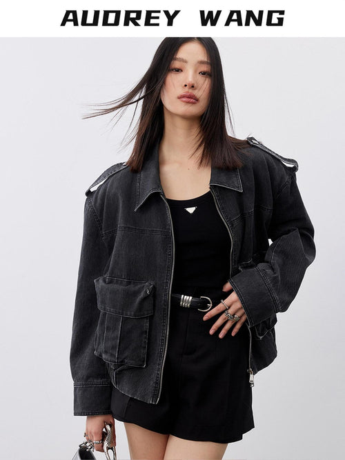 audreyyang Cotton Loose Commuter Lapel Zipper Long Sleeve Women Ash Gray Cropped Jackets