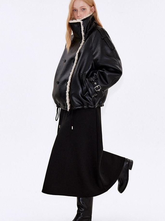 fano Warm Shearling High Collar Double Breasted Loose Fit Women Black Leather Jackets