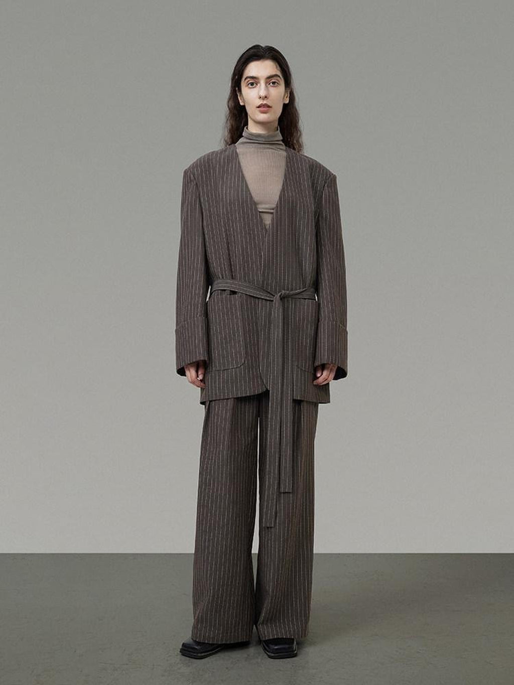 unspoken Minimalist V-neck Long Sleeve Tailored Brown Polyester Women Top & Pants Sets