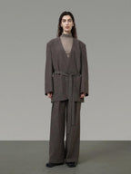 unspoken Minimalist V-neck Long Sleeve Tailored Brown Polyester Women Top & Pants Sets