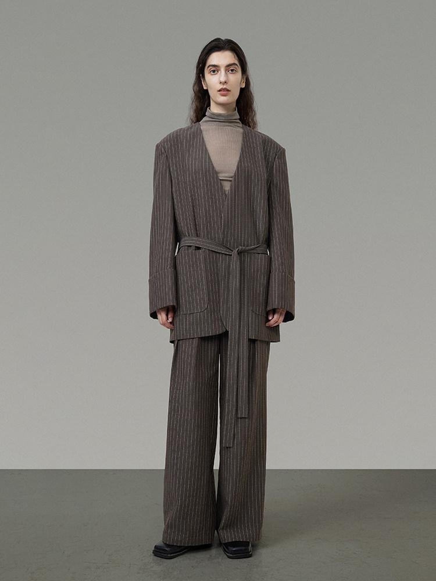 unspoken Minimalist V-neck Long Sleeve Tailored Brown Polyester Women Top & Pants Sets
