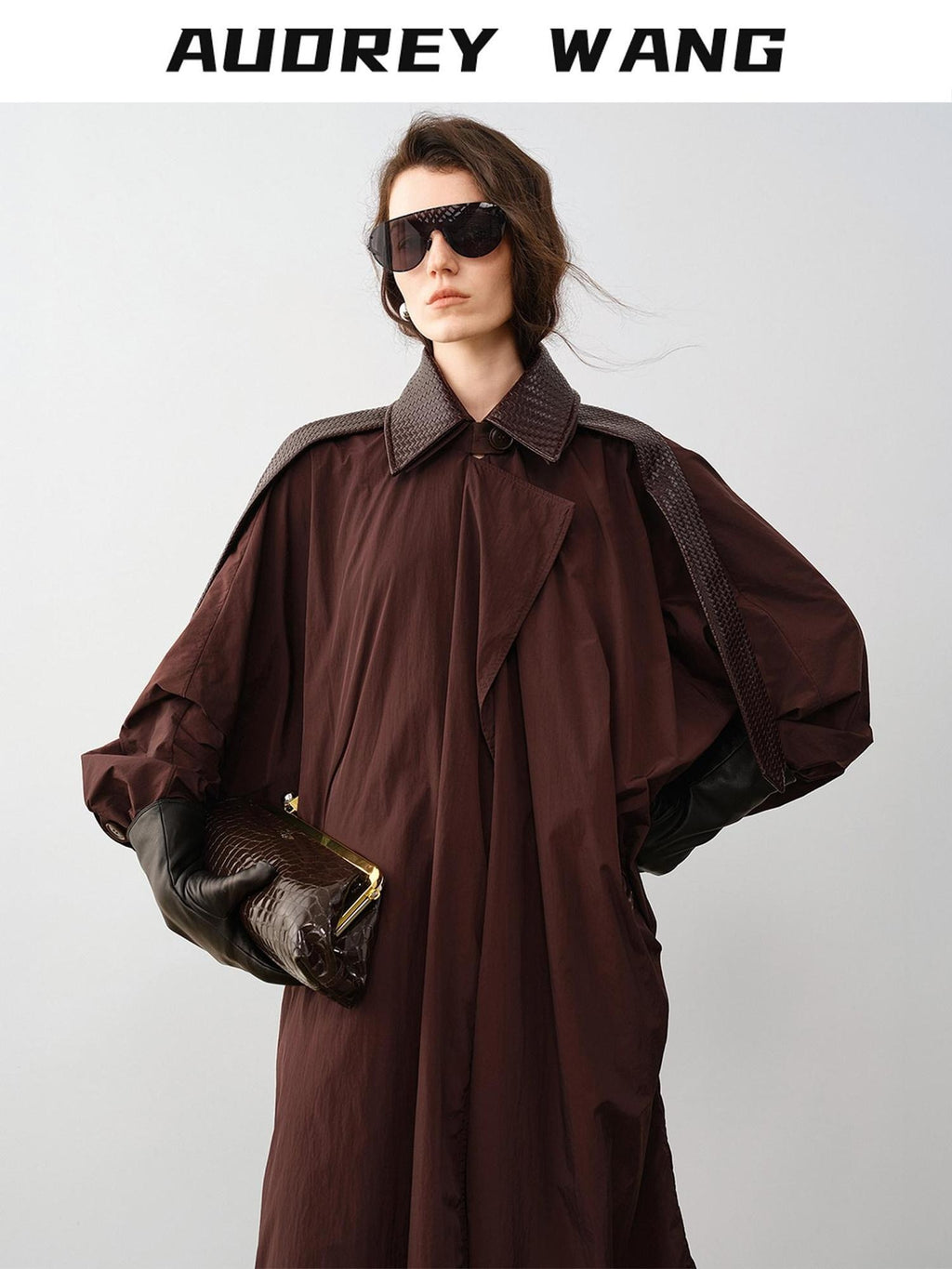 audreyyang Long Polyamide Patchwork Trench Decorative Tabs Women Black Trench Coats