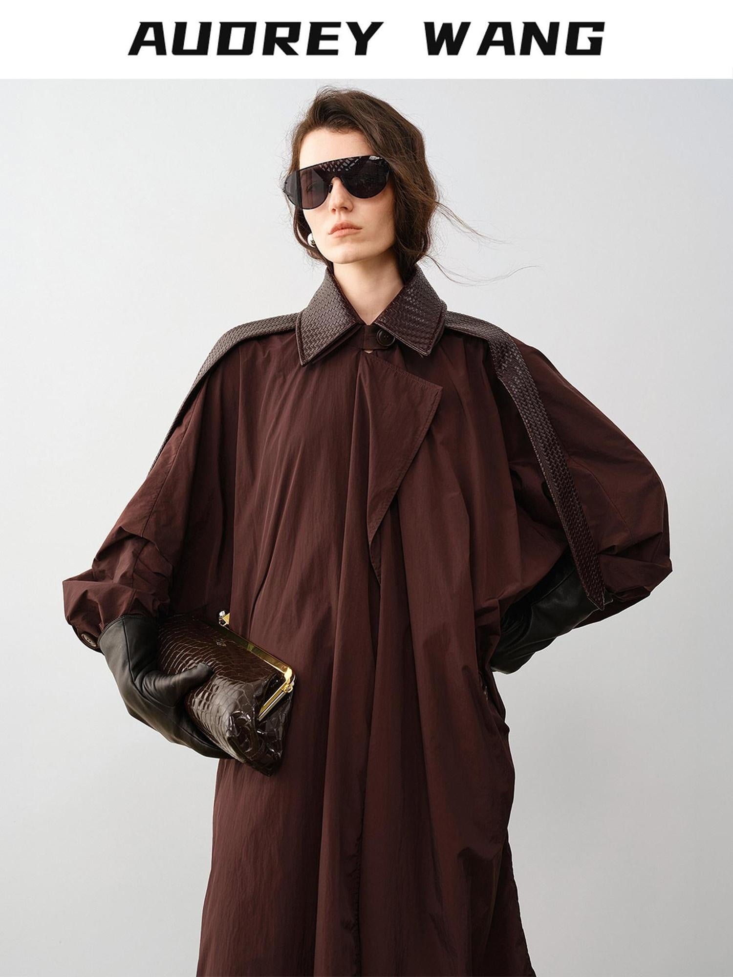 audreyyang Long Polyamide Patchwork Trench Decorative Tabs Women Black Trench Coats