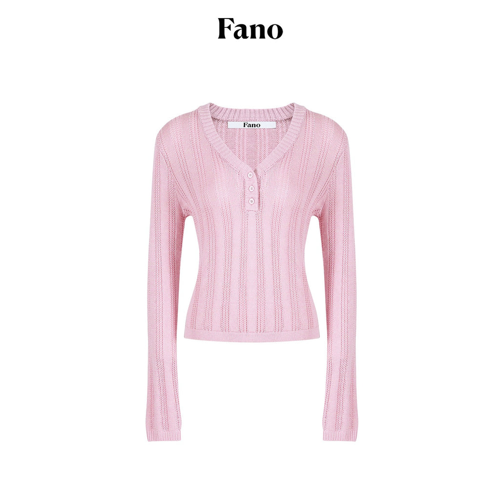 fano_Soft_Bubblegum_Pink_Slim_Korean_V-neck_Long_Sleeve_Women_Acrylic_Sweaters_MISSTT