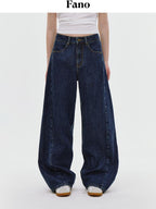 fano Deep Blue Natural Waist Relaxed Casual Zip Fly No Stretch Wide Leg Jeans