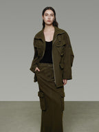 unspoken Warm Three Piece Vintage Loose Fit Multi Pocket High Waist Top & Skirt Sets