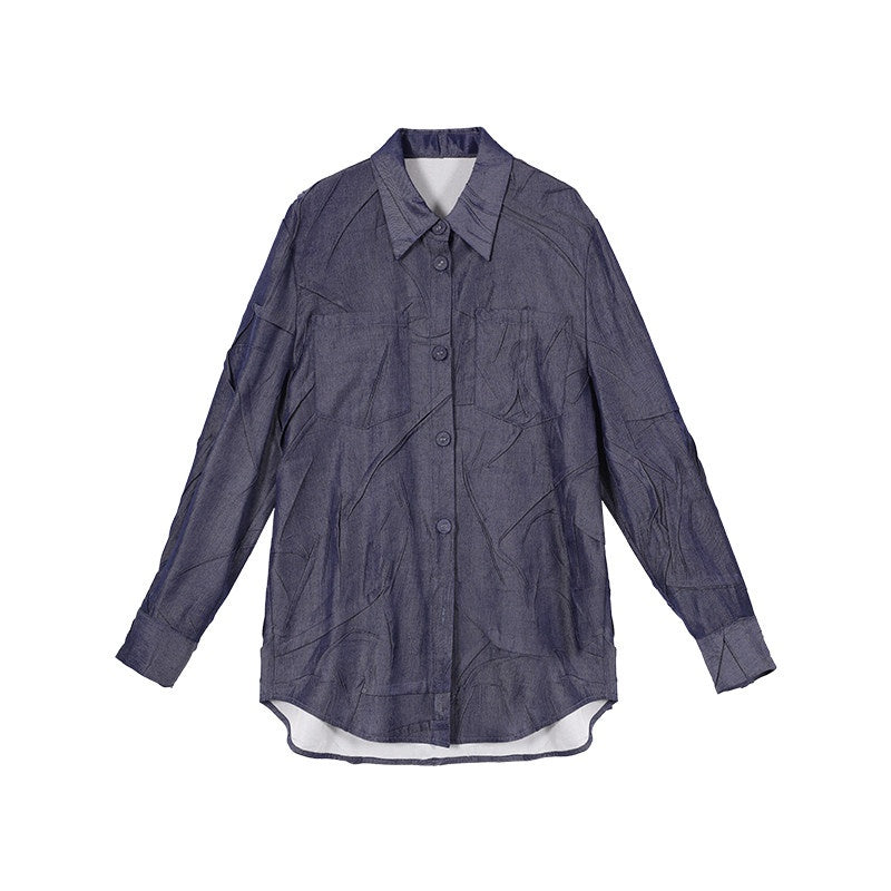 audreyyang_Original_Pleated_Faux_Denim_Relaxed_Buttoned_Collared_Girls_Top_&_Skirt_Sets_MISSTT