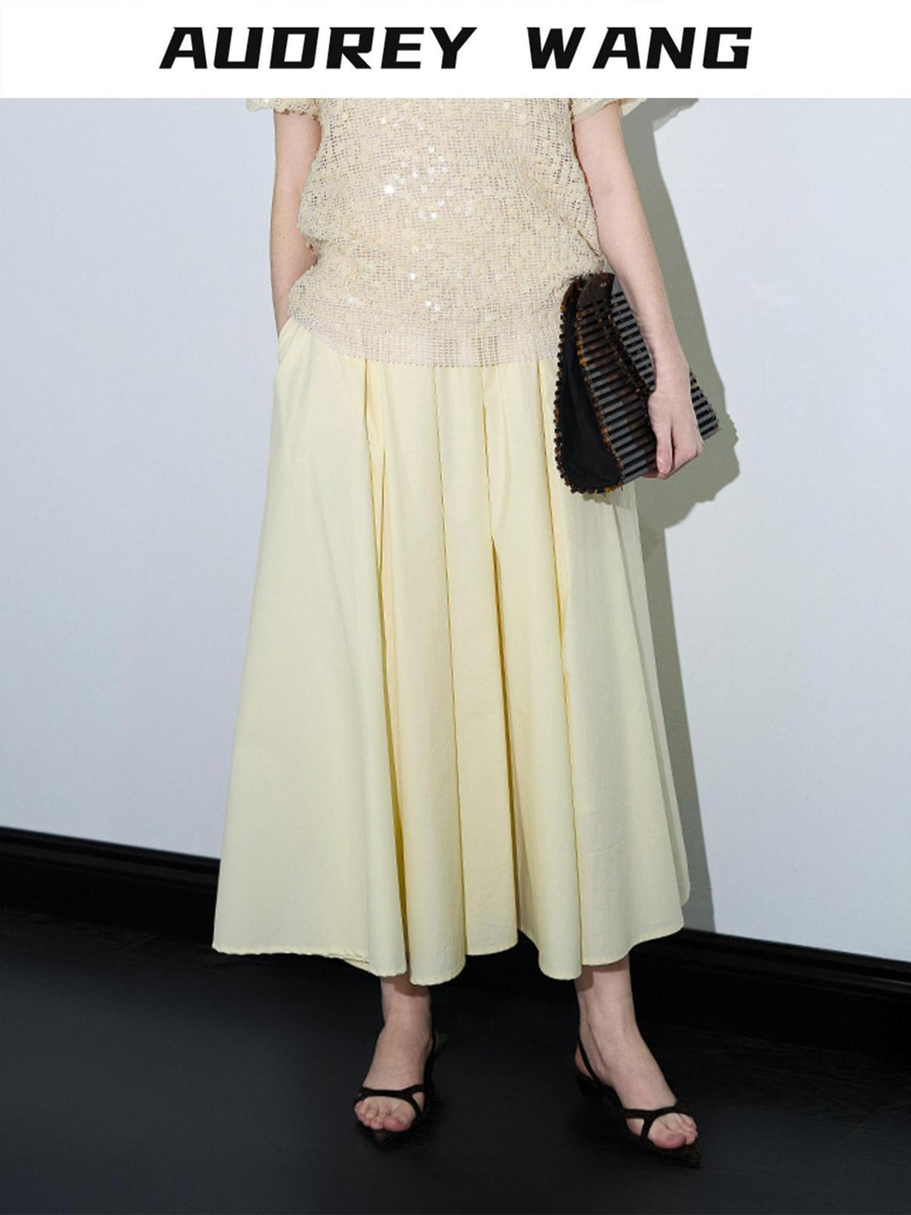 audreyyang 100% Cotton Lined Pleated H Line Mid Waist Bright Yellow Midi Skirts