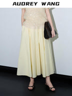 audreyyang 100% Cotton Lined Pleated H Line Mid Waist Bright Yellow Midi Skirts