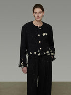 unspoken Warm Button Crew Neck Relaxed Short Workwear Women Black Ivory Cropped Jackets