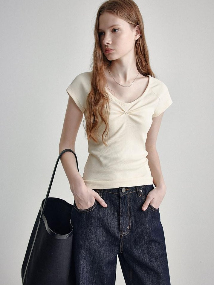 fano V-neck Drawstring Cotton Blend Minimal Straight Women Short Sleeve T-Shirts