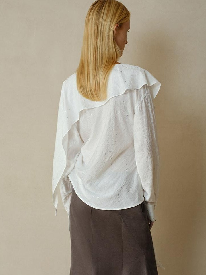 someonesometimes Cooling French Loose Round Neck Sparkle White Nylon Long Sleeve Blouses