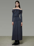 unspoken High Stretch Slim Knit Boat Neck Long Sleeve Dark Gray Office Top & Skirt Sets