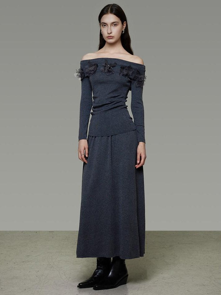 unspoken High Stretch Slim Knit Boat Neck Long Sleeve Dark Gray Office Top & Skirt Sets