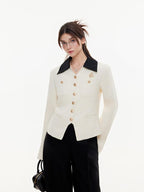 ikyou Office Slim Fit White Lapel Button Multi Pocket Women Cropped Jackets