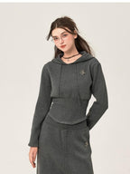 ikyou Ribbed Grey Cropped Hood Pullover Commuter Polyester Women Top & Pants Sets