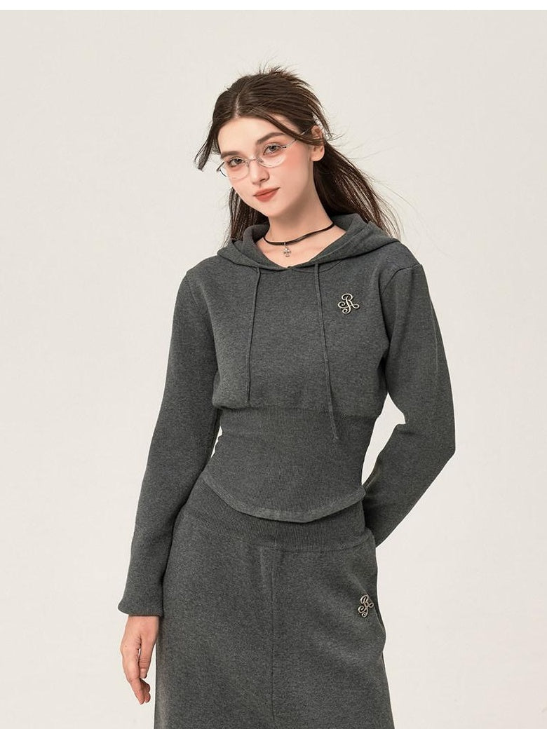 ikyou Ribbed Grey Cropped Hood Pullover Commuter Polyester Women Top & Pants Sets