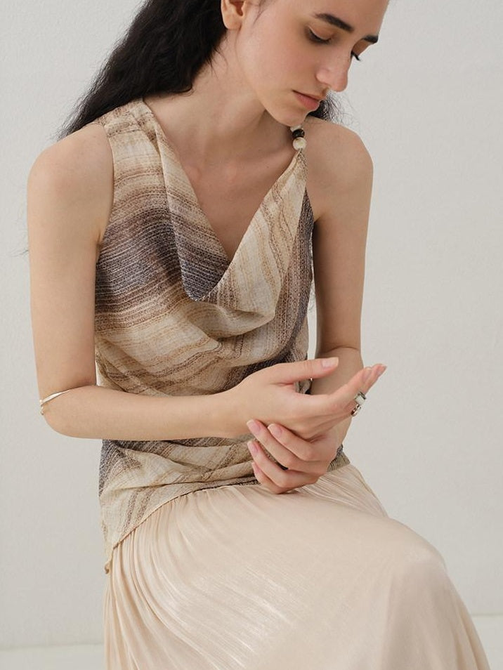 someonesometimes Original Asymmetric Patchwork Striped Slim Curve Khaki Brown For Women Vest