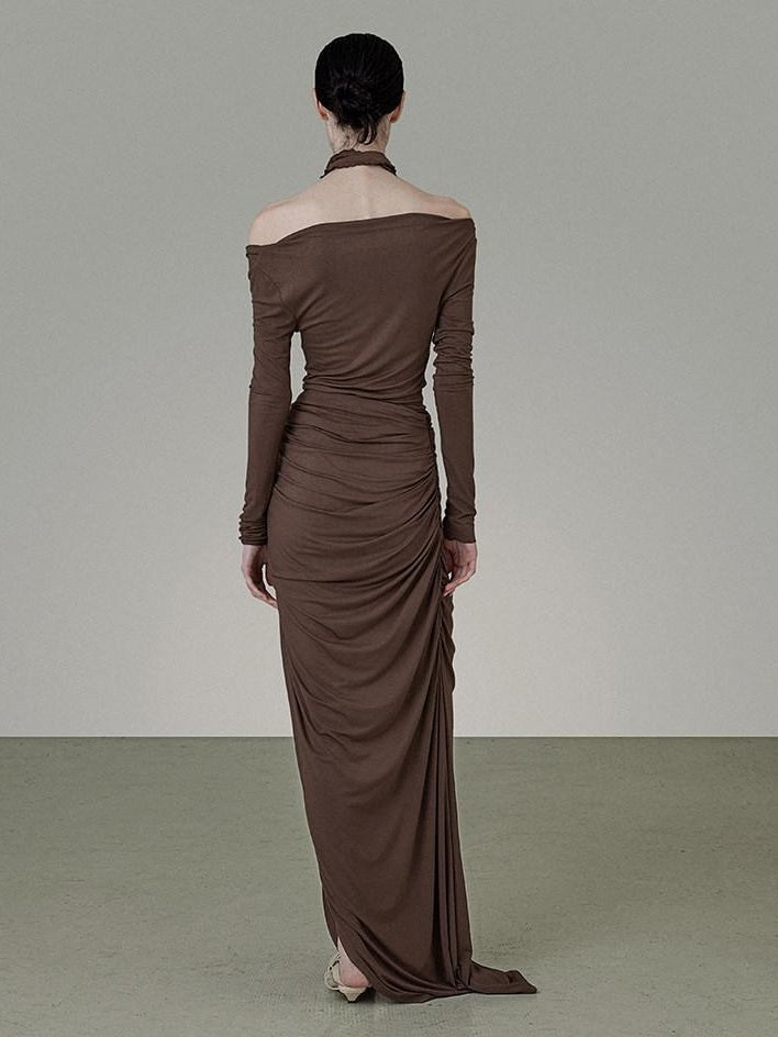 unspoken Slim Pleated Minimalist Workwear Women Pullover Polyester Brown Top & Skirt Sets