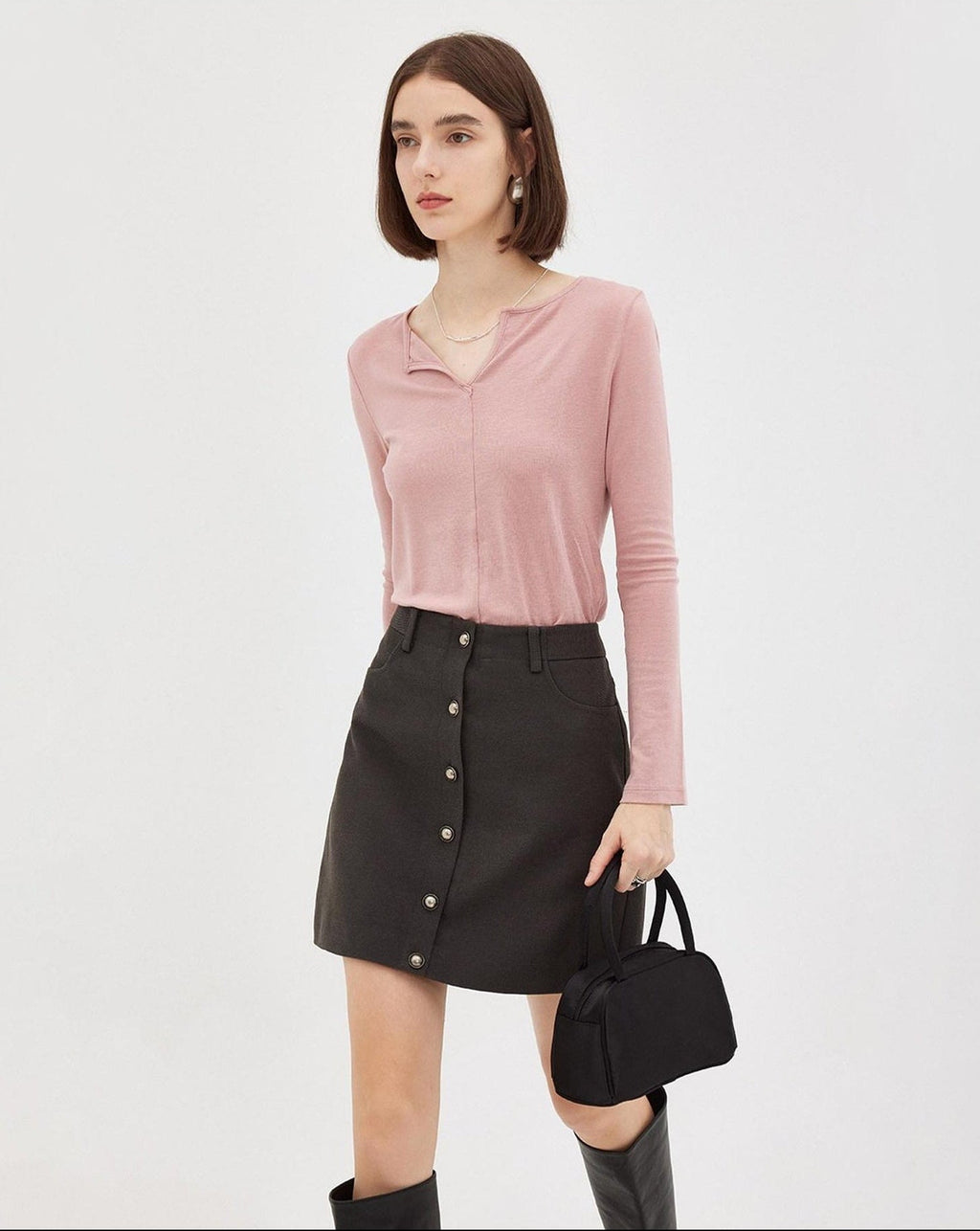 fano Soft V-neck Slim Fit Commuter Top For Women Solid Color Long Sleeve T-Shirts