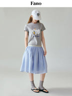 fano Creative Printed Slim Korean Short Sleeve Heather Gray Cotton Basic Crop Tops