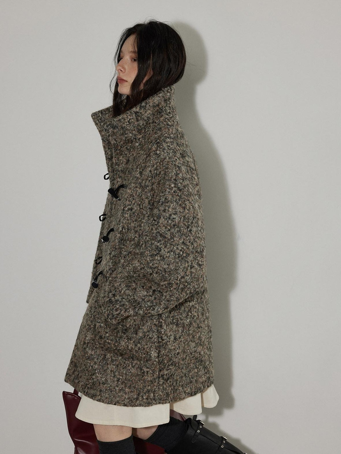 Lofi choose Heavy Wool Blend Relaxed Fit Stand Collar Midlength Commuter Toggle Wool Coats
