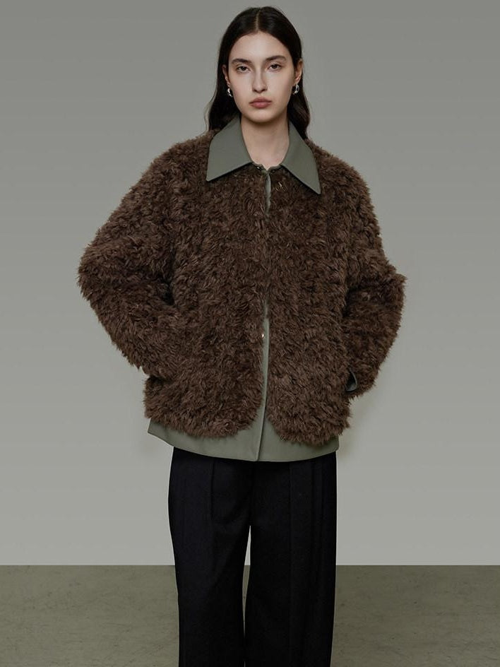 unspoken Warm Patchwork Lapel Loose Fit Minimalist Women Chestnut Short Coat