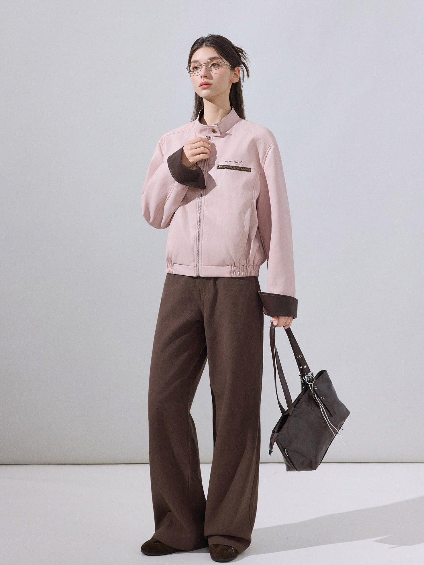 ikyou Colorblock Zip Stand Collar Stretch Cotton Casual Women Cropped Jackets