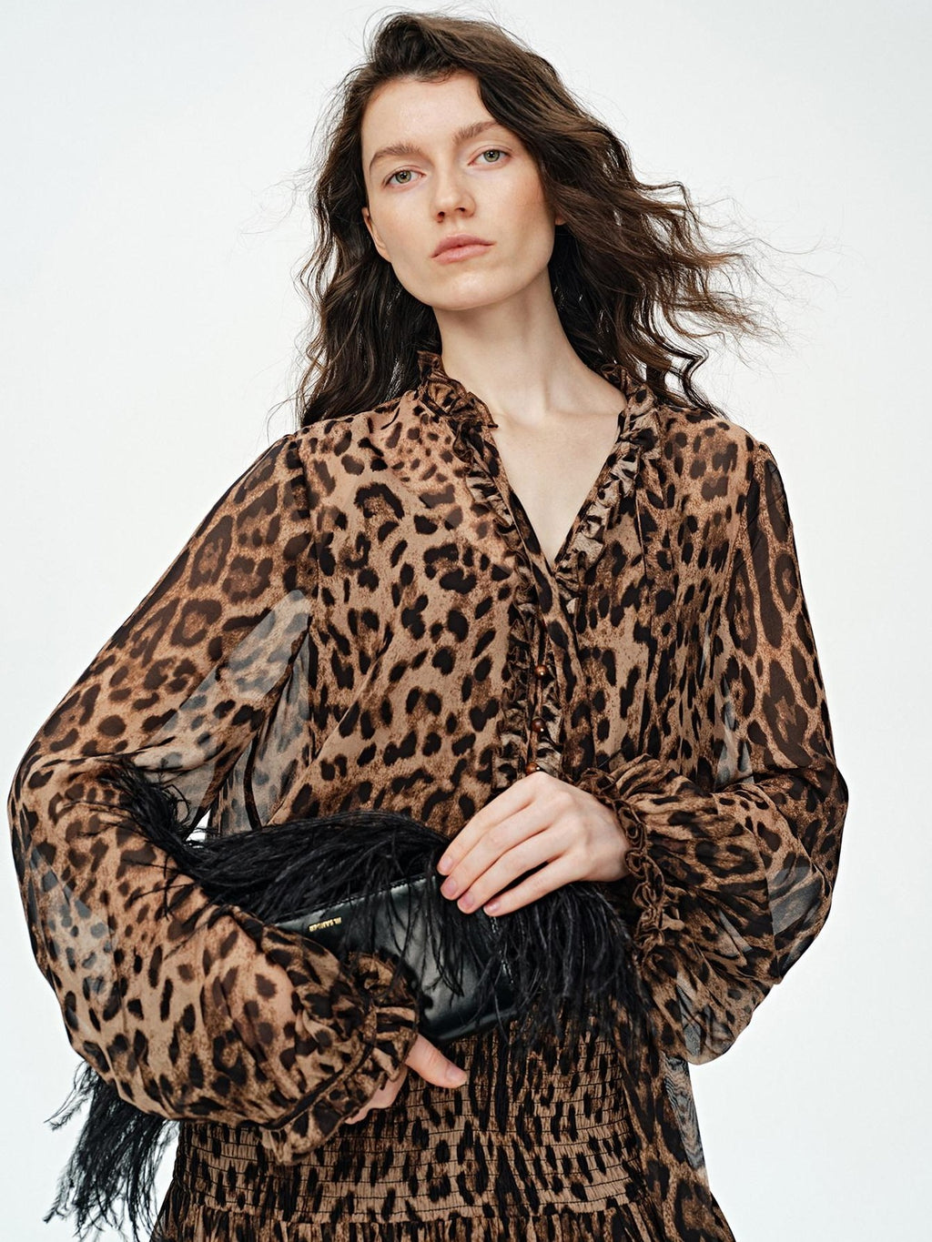 audreyyang Silk Blend Leopard Print A Line Fitted Waist Long Sleeve Vacation Maxi Dresses