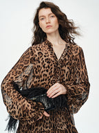 audreyyang Silk Blend Leopard Print A Line Fitted Waist Long Sleeve Vacation Maxi Dresses