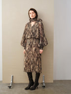 audreyyang Black Polka Dot Viscose Blend Puff Sleeve Cinched Waist Women Maxi Dresses
