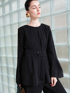 audreyyang Minimalist Office Loose Pleated Bell Sleeve Round Neck Black Blouses