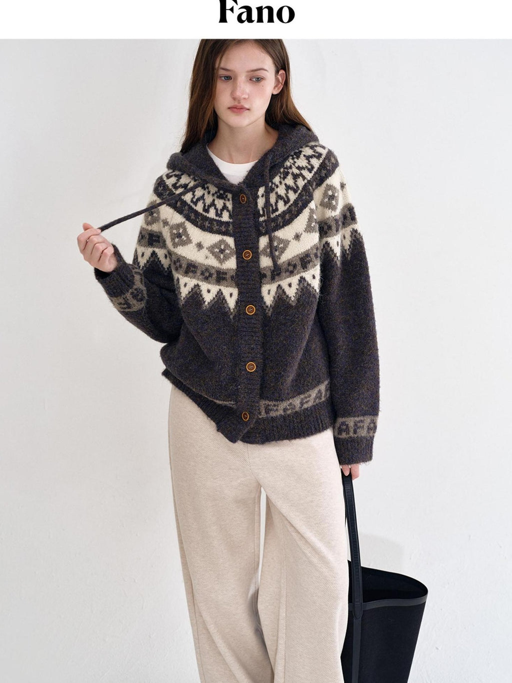 fano Cozy Hooded Jacquard Loose Fit Casual Long Sleeve Knit For Young Women Cardigans