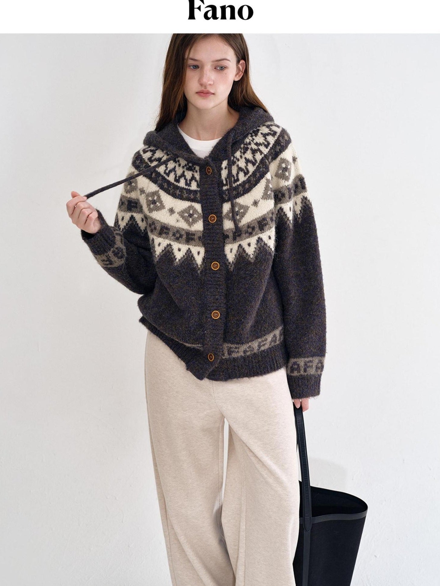 fano Cozy Hooded Jacquard Loose Fit Casual Long Sleeve Knit For Young Women Cardigans