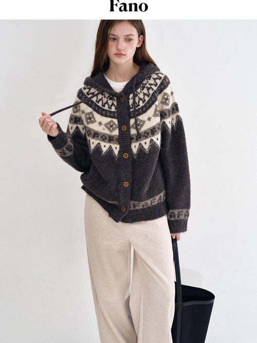 fano Cozy Hooded Jacquard Loose Fit Casual Long Sleeve Knit For Young Women Cardigans