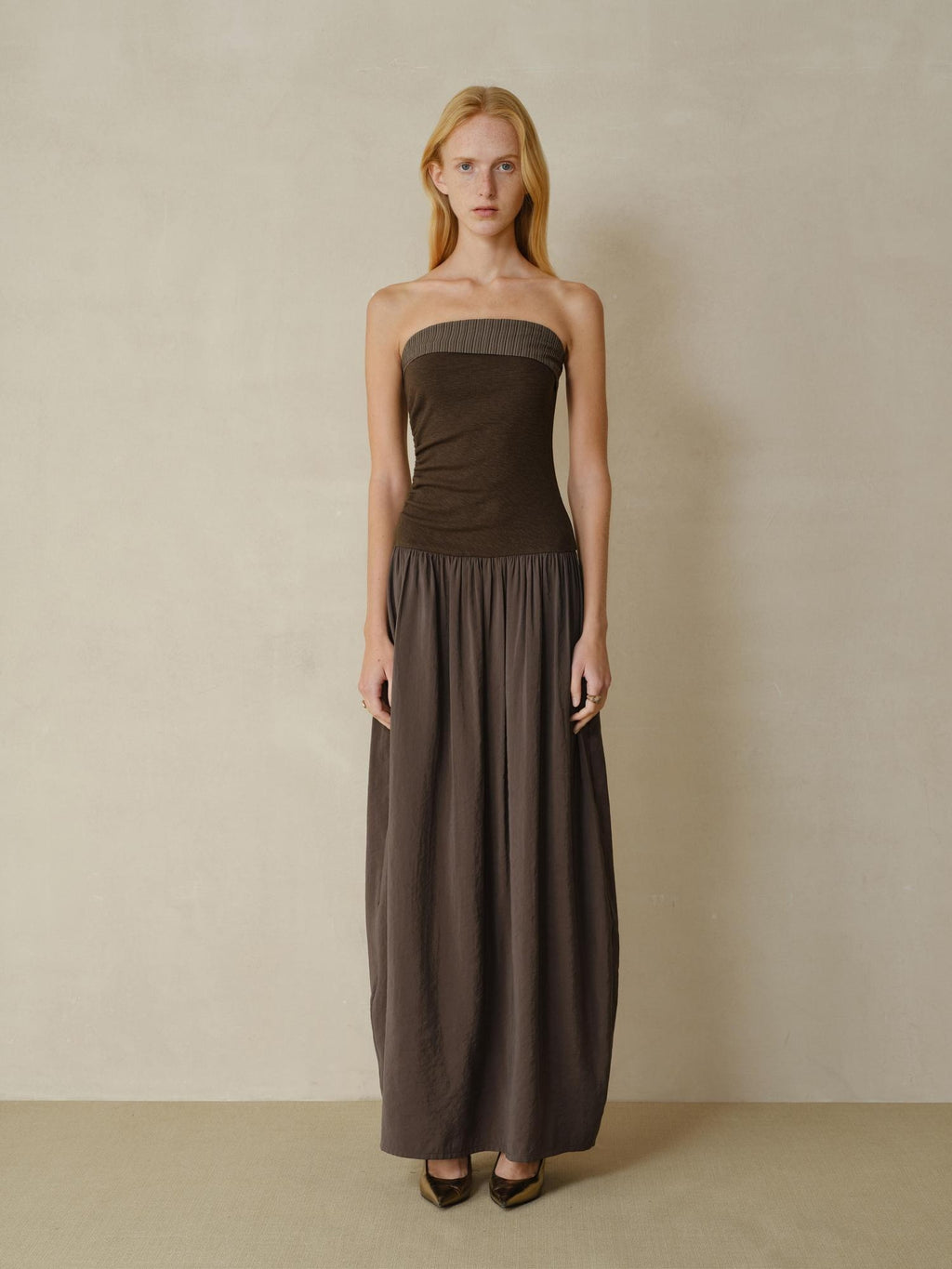 someonesometimes Tencel Modal Splice Slim Off Shoulder Strapless Casual Taupe Maxi Dresses