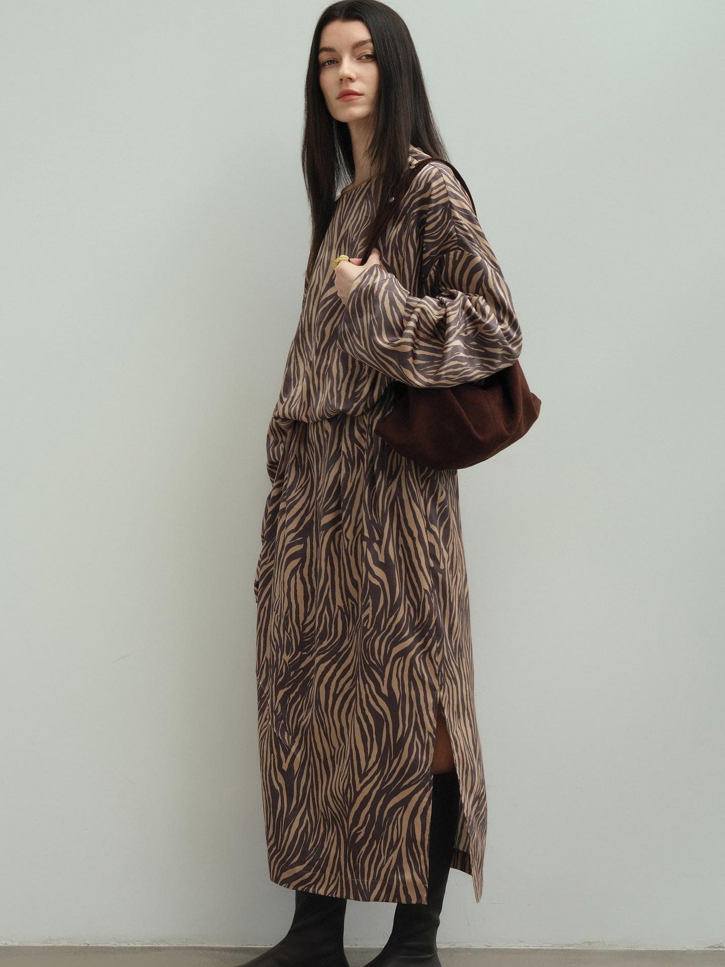 audreyyang Soft 100% Polyester Cinched Waist Long Sleeve Floral Women Maxi Dresses