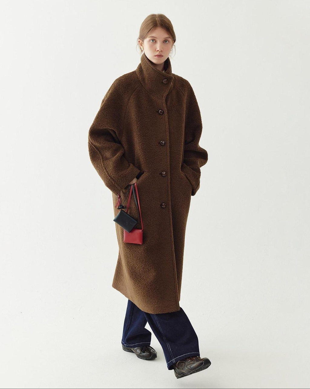 fano Soft Wool Blend Straight Cut Stand Collar Pockets Commuter Midlength Wool Coats