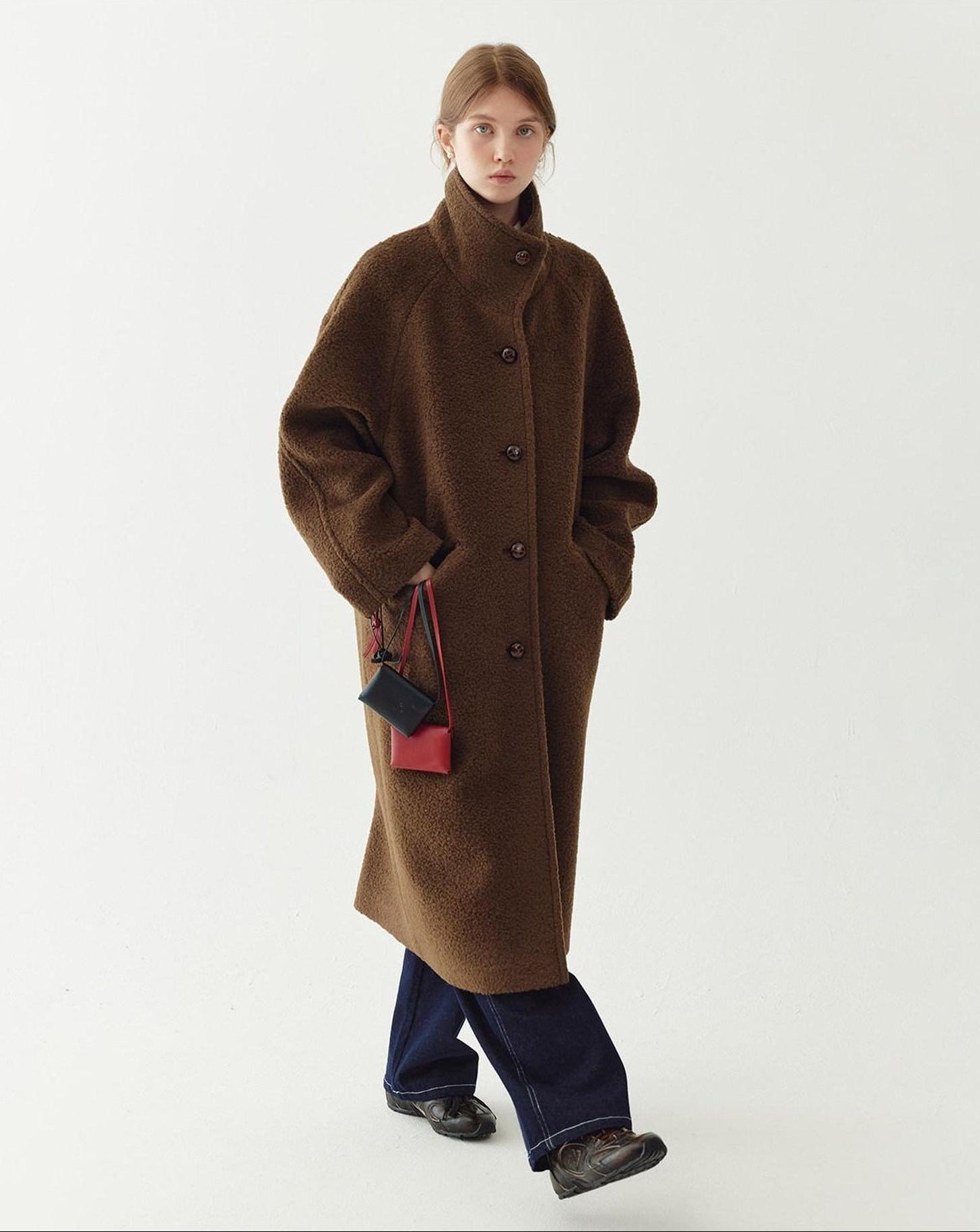 fano Soft Wool Blend Straight Cut Stand Collar Pockets Commuter Midlength Wool Coats