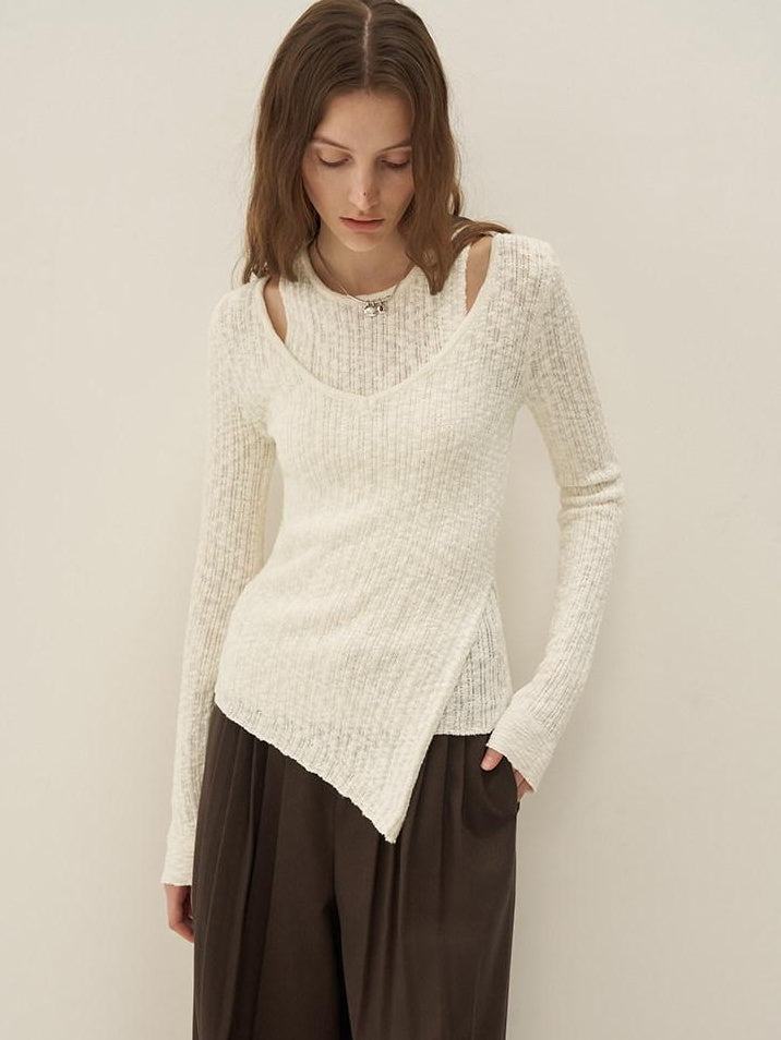 someone sometimes Polyester Blend Knit V-neck Slim Fit Sweet Ivory Women Long Sleeve T-Shirts