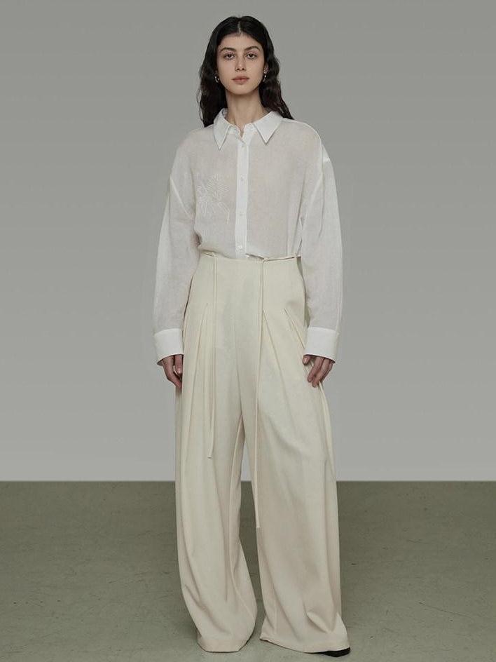 unspoken Breathable Embroidered Loose Polo Women Ramie Lyocell White Button Shirts