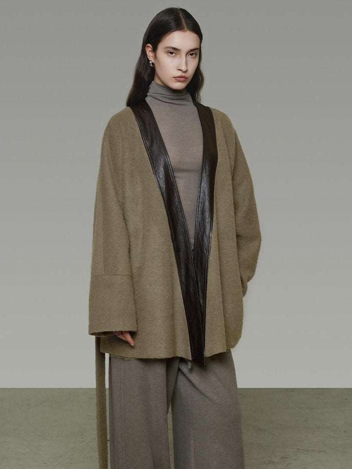 unspoken Minimal Patchwork Loose Fit V-neck Tie Closure Women Commuter Wool Coats