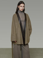 unspoken Minimal Patchwork Loose Fit V-neck Tie Closure Women Commuter Wool Coats