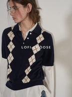 Lofi choose Cozy Argyle Polo Short Sleeve Loose Fit Vintage Knitwear Women Sweaters