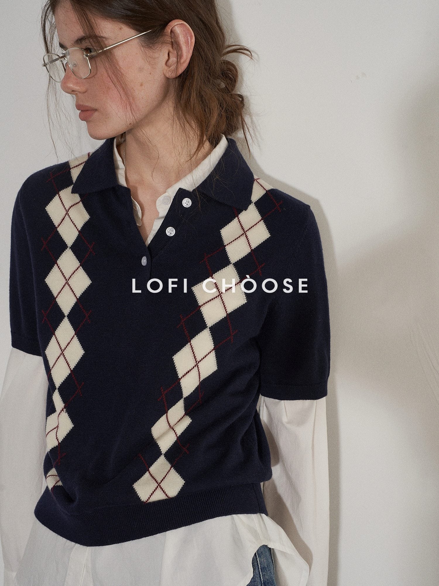 Lofi choose Cozy Argyle Polo Short Sleeve Loose Fit Vintage Knitwear Women Sweaters