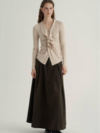 someone sometimes Ruffled V-neck Slim Fit Thin Knit Viscose Women Oatmeal Long Sleeve T-Shirts