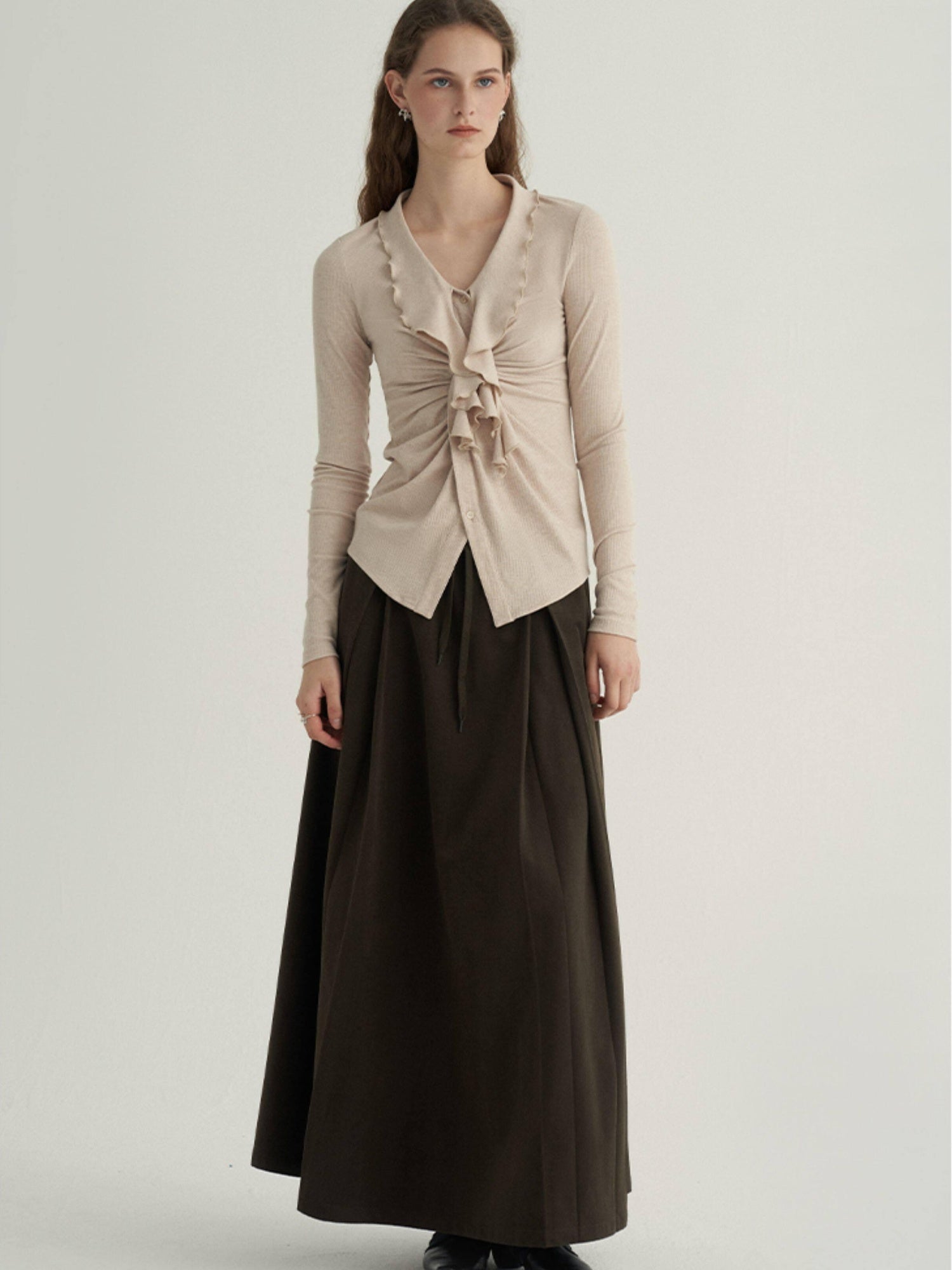 someone sometimes Ruffled V-neck Slim Fit Thin Knit Viscose Women Oatmeal Long Sleeve T-Shirts